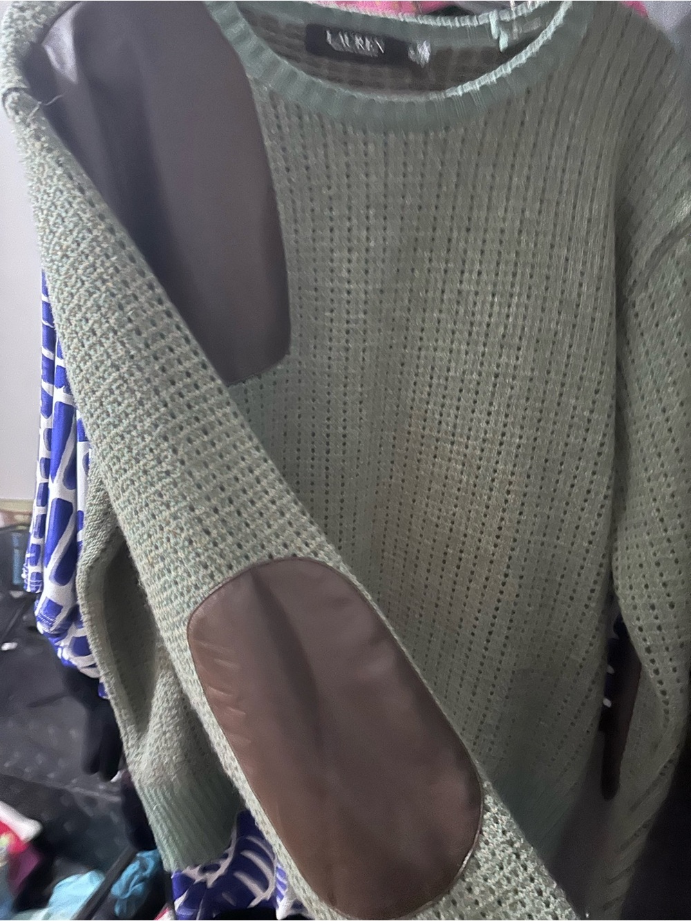Vtg Ralph Lauren Olive Crewneck Sweater Brown Shoulder Patch and Elbow Patch - Picture 4 of 6
